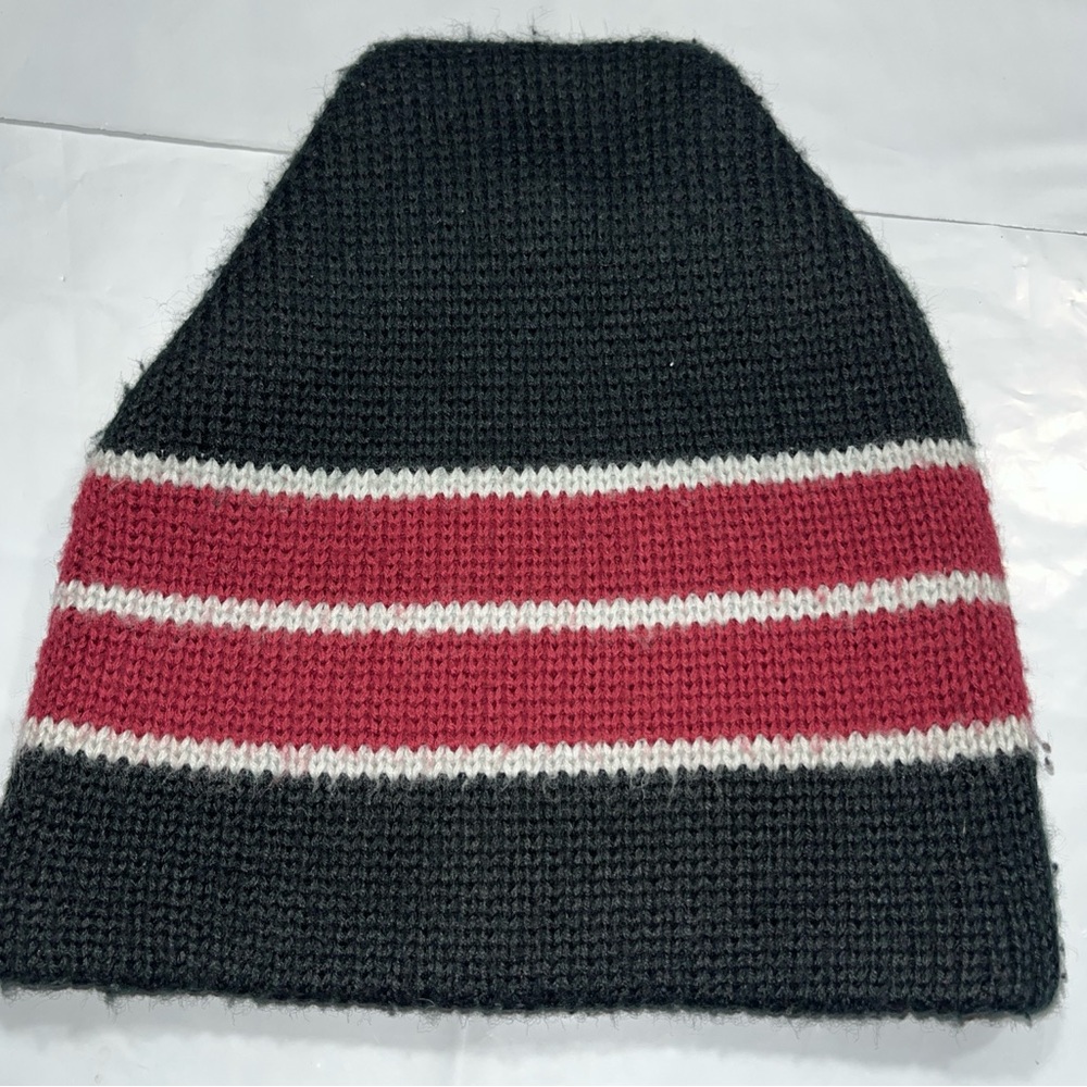 Snuggler vintage black Wool Knit Ski CAP winter HAT Beanie Brown Stripes men OS